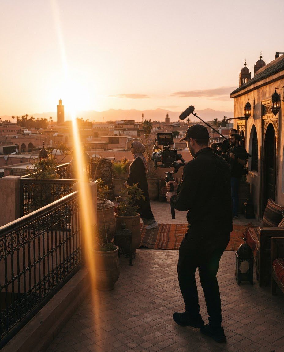Cinematographer filming on a Marrakech rooftop at golden hour