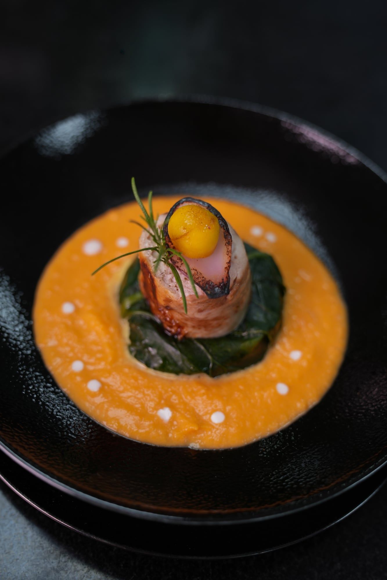 Fine-dining plate with saffron sauce and spinach on a dark plate