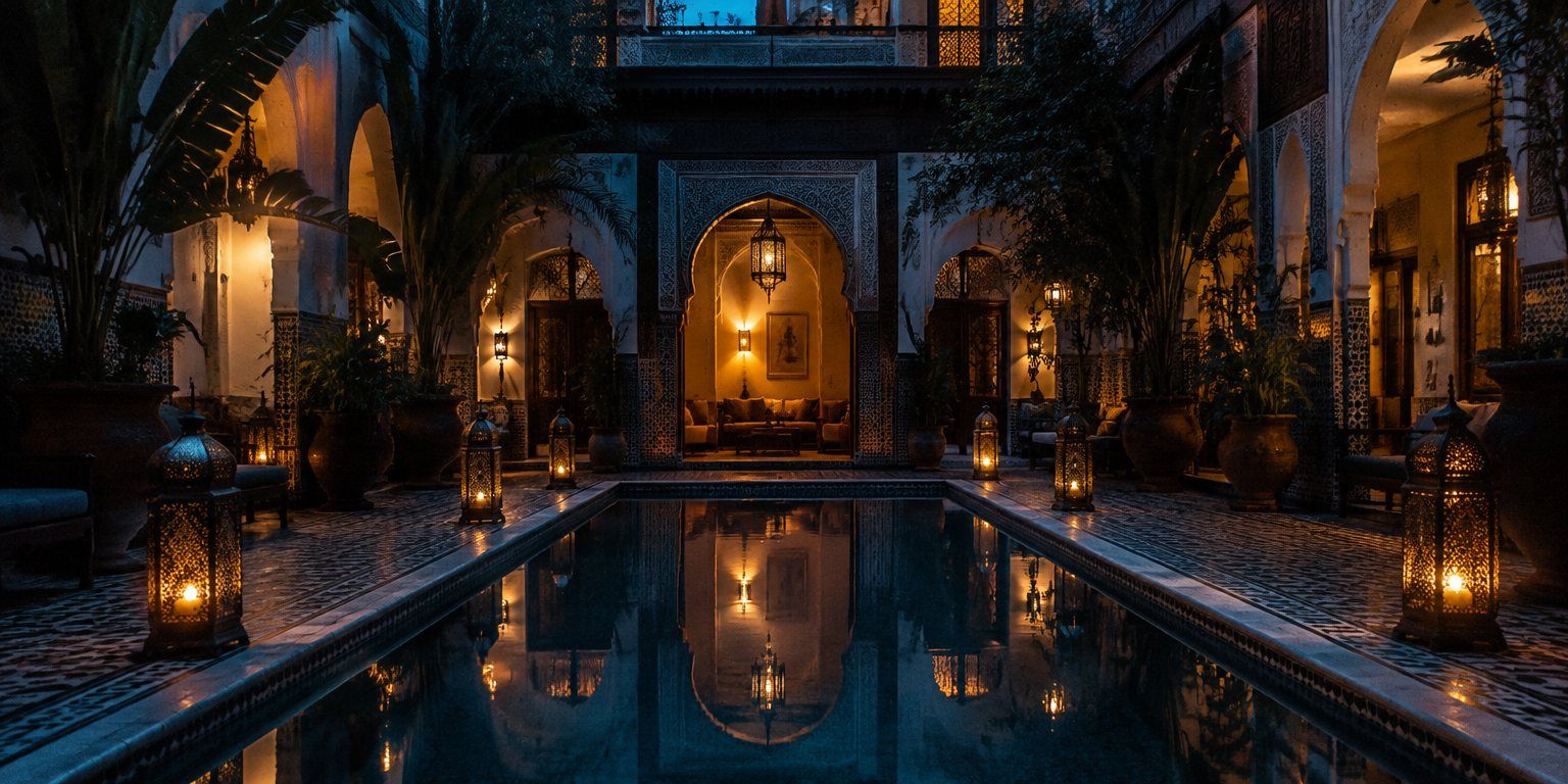 Piscine d’un patio de riad à l’heure bleue à Marrakech