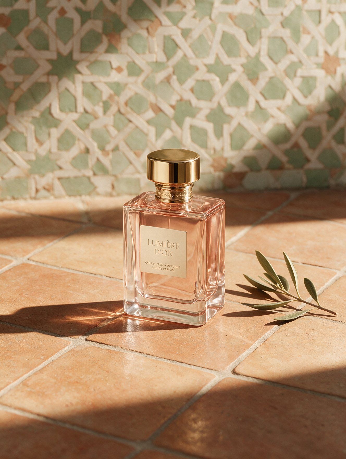 Flacon de parfum posé sur des zelliges en plein soleil