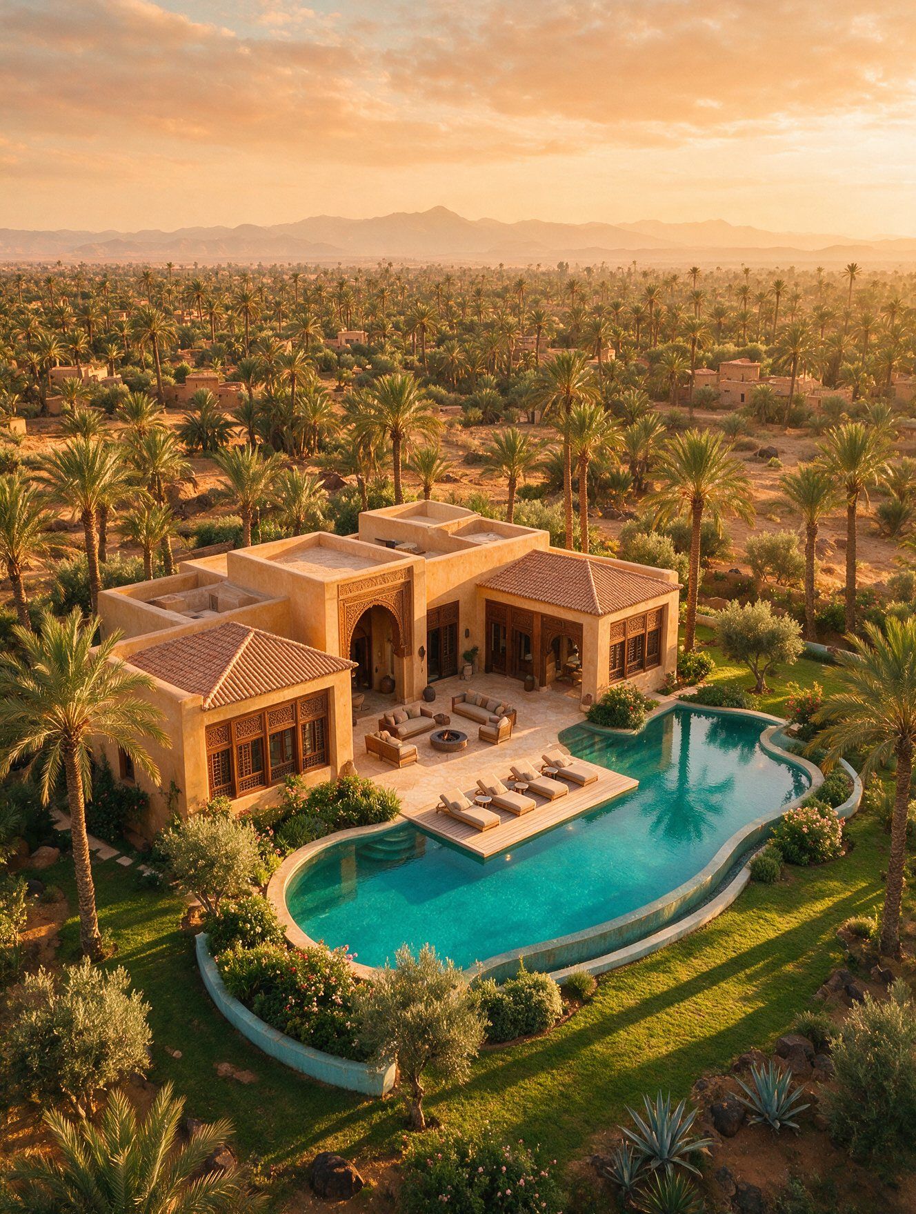 Vue aérienne d’une villa et de sa piscine dans la Palmeraie de Marrakech