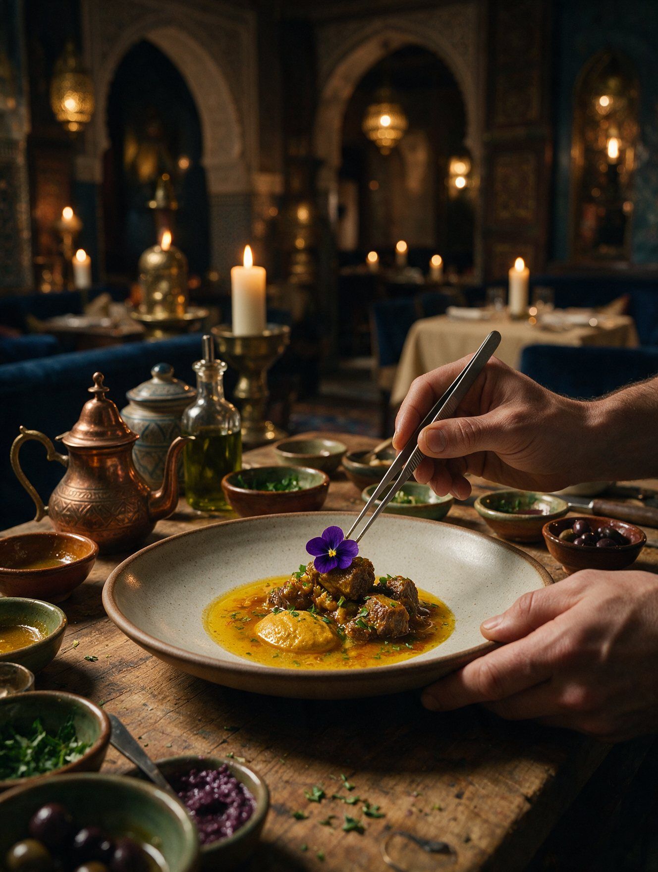 Chef dressant une assiette dans un restaurant aux chandelles