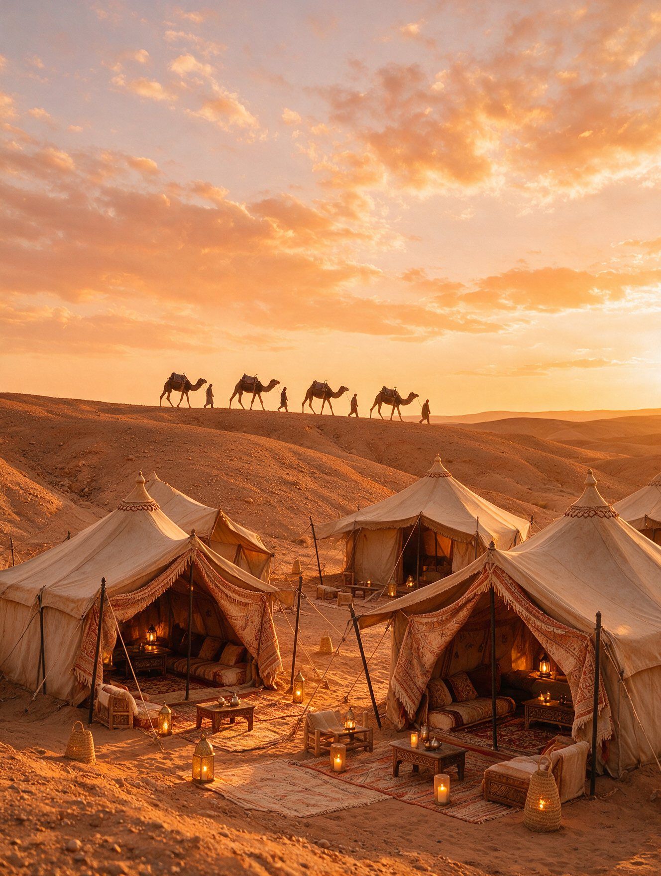 Camp de luxe dans le désert d’Agafay au coucher du soleil