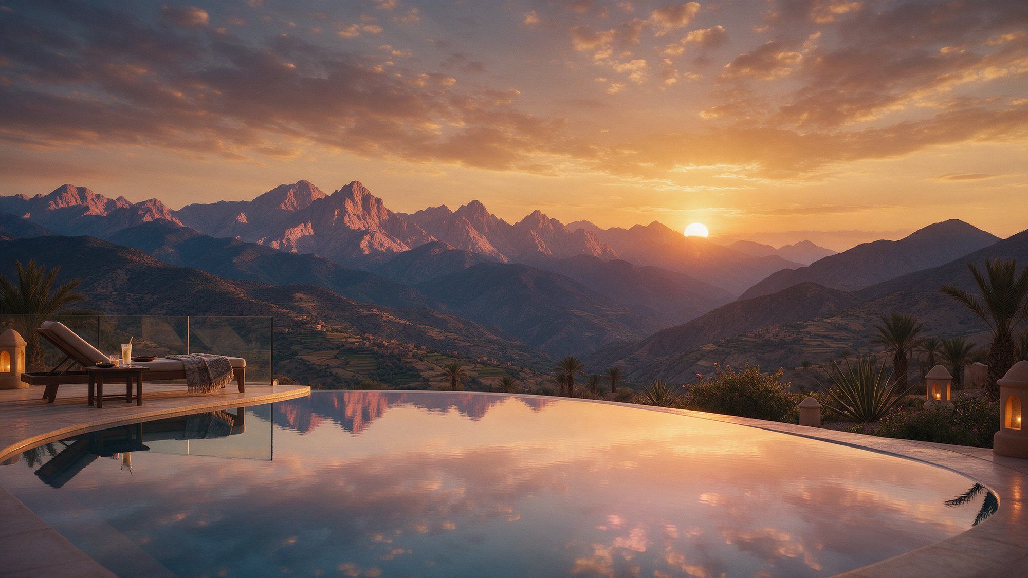 Piscine à débordement face aux montagnes de l’Atlas au coucher du soleil